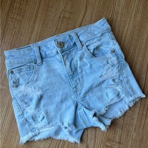 AMERICAN EAGLE HIGH RISE SHORTIE SHORTS DISTRESSED FRAY LOOK SIZE 0 LIGHT JEAN
